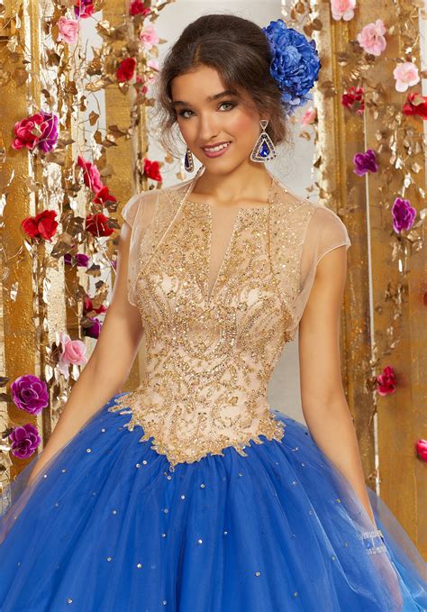 Rhinestone And Gold Tone Beading On A Tulle Ballgown