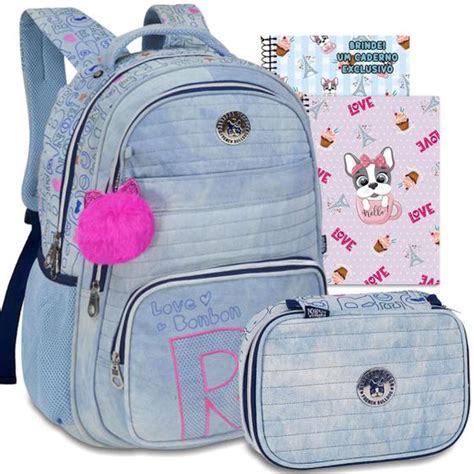 Kit Mochila RB Rebecca Bonbon Escolar Jeans Feminina Grande Estojo