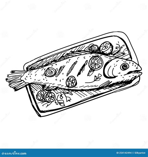 Cooked Fish On A Rectangular Plate Hand Drawn Vector Illustration