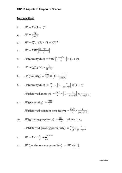 Formula Sheet FIN510 Aspects Of Corporate Finance Formula Sheet 1