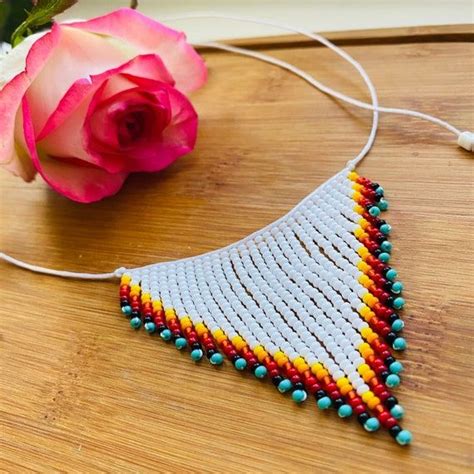 White Seed Bead Fringe Indigenous Necklace Choker Native Etsy Seed