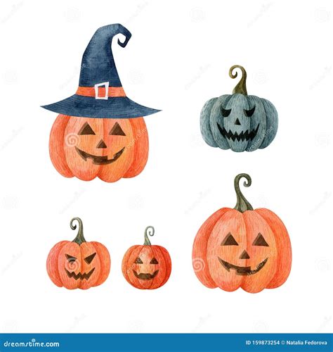 Collection Of Watercolor Halloween Orange And Blue Pumpkins Isolated On