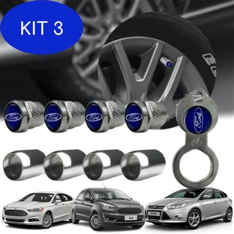 Kit 3 Bico Pneu Cromado Roda Válvula Antifurto Ford Azul Metal Rvt