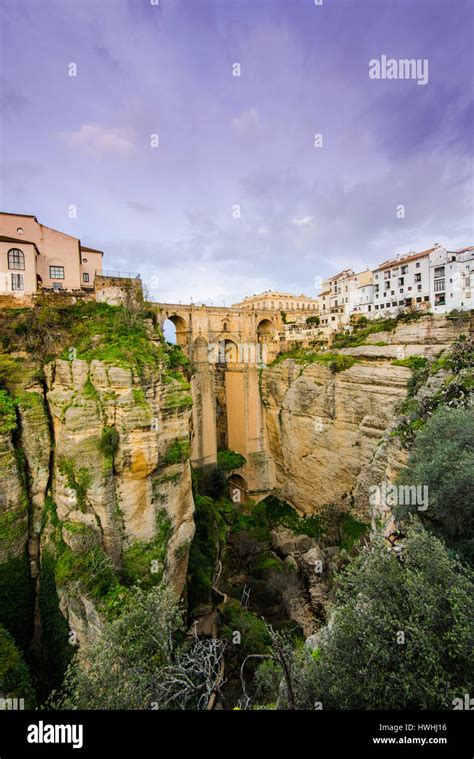 New Bridge Or Puente Nuevo In Ronda Spain Panoramic View With Hanging