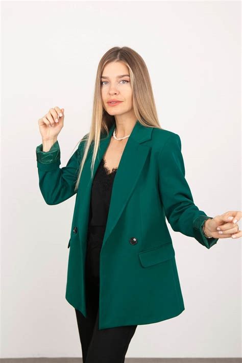 Sue Store Petrol Yeşili Siyah Düğmeli Kruvaze Yaka Astarlı Blazer Ceket