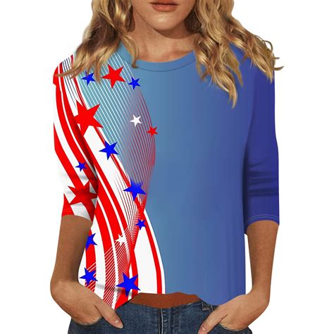 Tqwqt 4th Of July American Flag 34 Sleeve Shirt For Women Usa Star Stripes Fourth July Tee