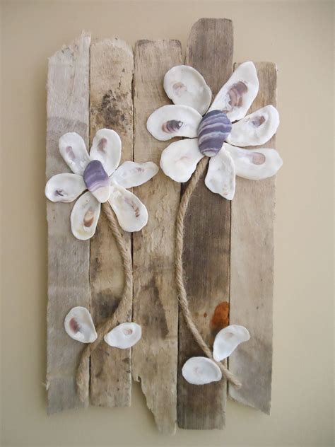 Driftwood Wall Art White Purple Oyster Shell Flowers On Etsy