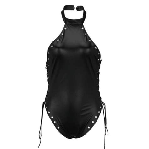 Sexy Women Lace Up Gothic Halter Neck Pu Leather Lingerie Bodysuit