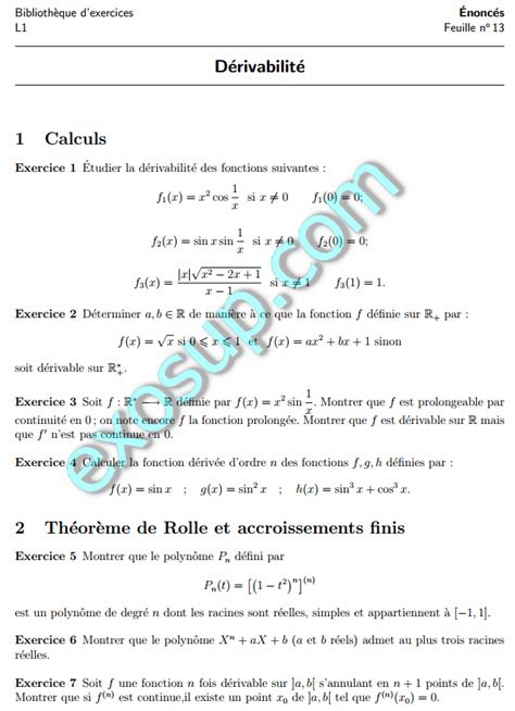 dérivabilité exercices corrigés PDF Cours Exercices Examens