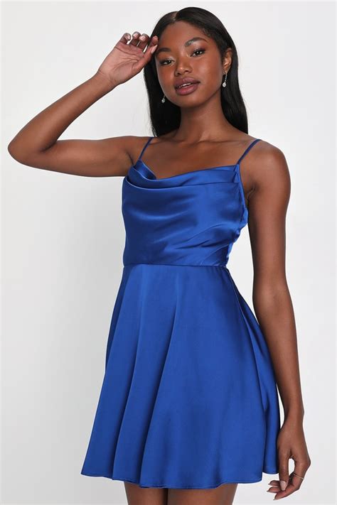 Royal Blue Mini Dress Blue Skater Dress Satin Mini Dress Lulus