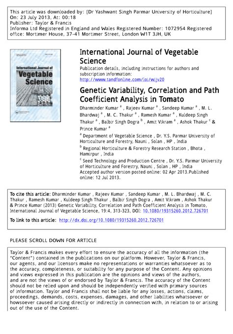 Pdf Genetic Variability Correlation And Path Coefficient Analysis In Tomato