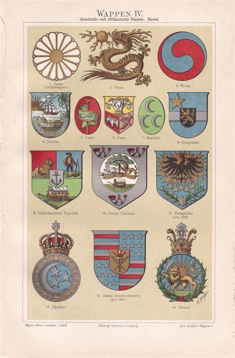 1905 Coat Of Arms Of Asian And African Countries Antique Lithograph