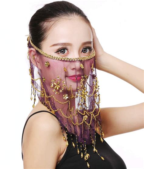 Buy Belly Dance Half Face Veil Costume With Gold Beaded Clover For