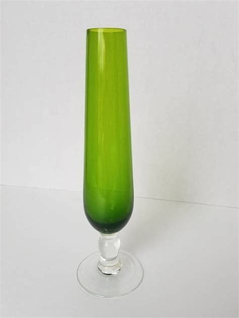 Emerald Green Hand Blown Glass Bud Vase With Clear Glass Foot Ball And Stem Champagne Glass