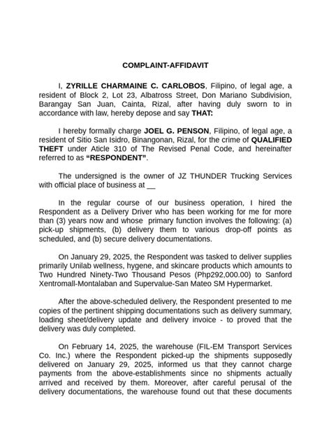 qualified theft complaint affidavit  theft common law