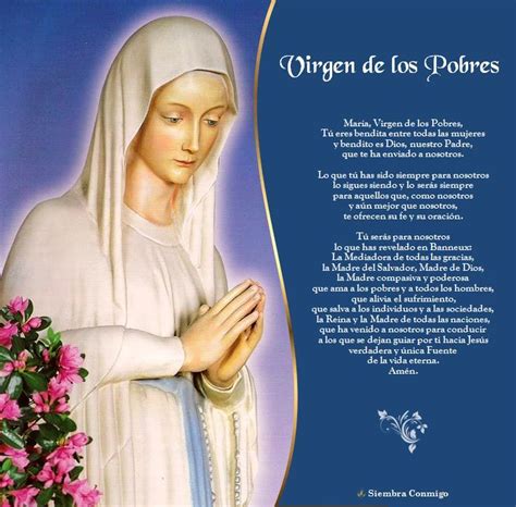 An Image Of The Virgin Mary With Flowers In Her Lap And Text Below It