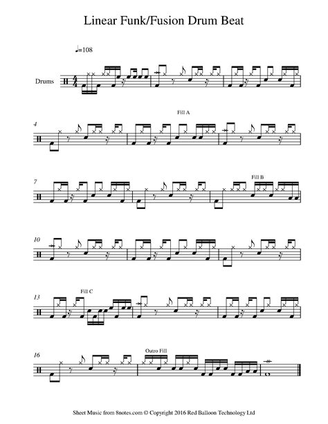 Linear Funk Fusion Drum Beat For Drums Beat Sheet Music For Drums