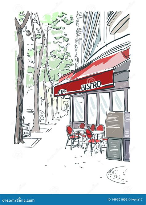 Paris Bistro Cafe Illustration Vector Sketch Red Stock Illustration