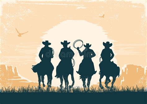 Cowboys Silhouette Riding Horses at Sunset Landscape. Vintage Vector ...