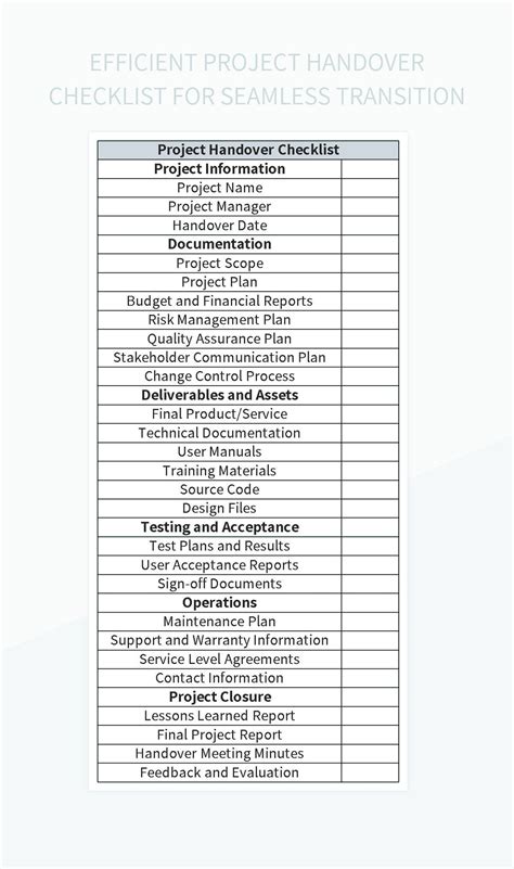 Efficient Project Handover Checklist For Seamless Transition Excel ...