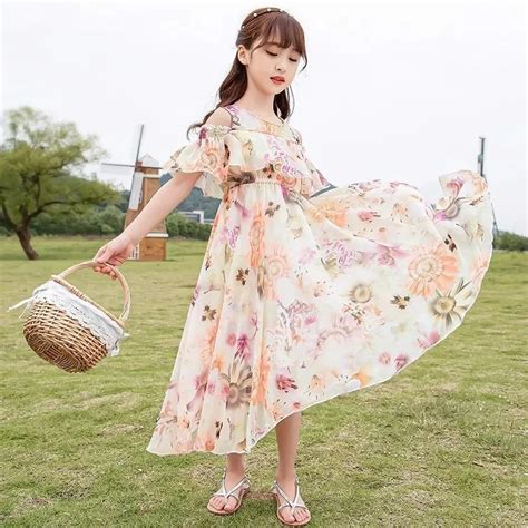 Novas Meninas Vestido Ver O Floral Padr O Praia Vestido Longo Para