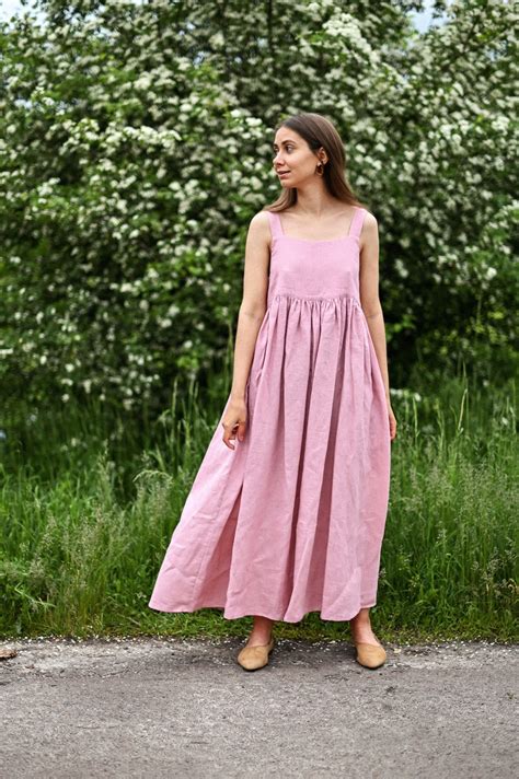 Summer Linen Dress With Pockets Women Summer Dress Pink Etsy