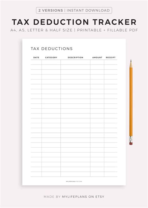 Tax Deduction Tracker Printable A4a5letterhalf Instant Etsy