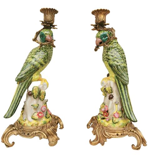 Porcelain Candlesticks With Bronze Ornaments Parrots Boho Decor Etsy