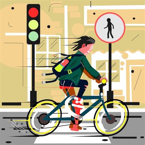 Estudante Andando De Bicicleta Ilustra O Vetorial Vetor Premium