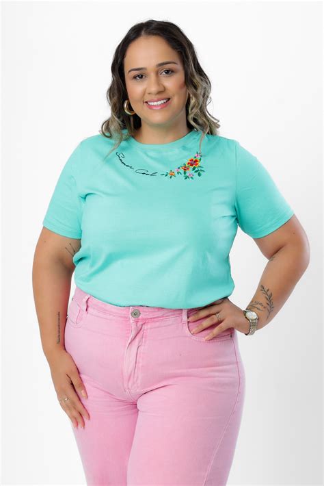 T Shirt Plus Size Summer Cool Flores Bordada Verde Jade Atacado