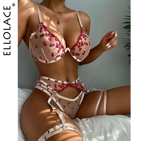 Ellolace Sensual Lingerie Woman Love Embroidery Deep V Bra Garters 3