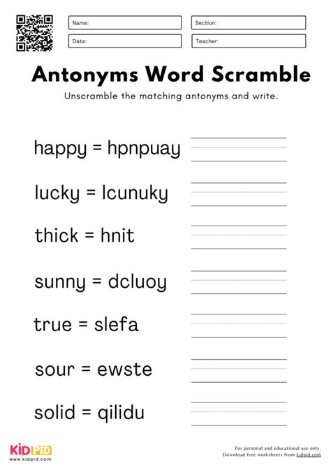 Antonyms Word Scramble Worksheets For Grade Kidpid