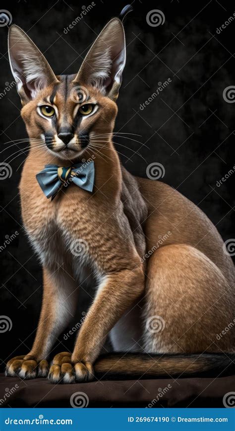 Realistic Portrait Illustration Art Showcasing Cute Caracal Wearing Bow