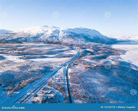 Aerial Sunny Winter View Of Abisko National Park Kiruna Municipality