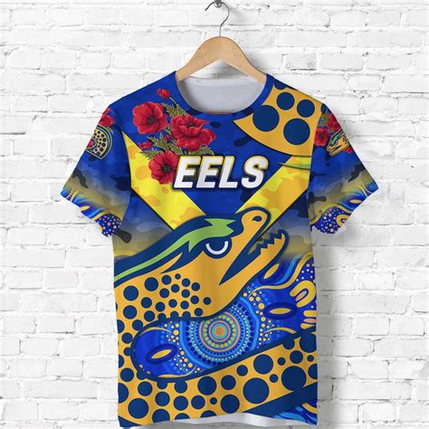 AIO Pride Parramatta Eels ANZAC 2022 T Shirt Indigenous Vibes Blue In