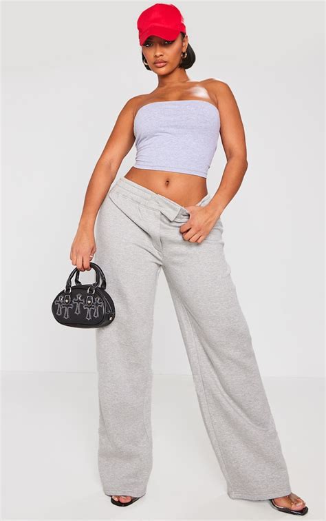 Shape Grey Marl Zip Front Detail Wide Leg Sweatpants Prettylittlething Usa