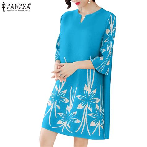 Zanzea Women Korean Printed Loose A Hem Plain Color Daily V Neck