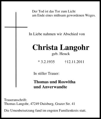 Traueranzeigen Von Christa Langohr Trauer In Nrw De