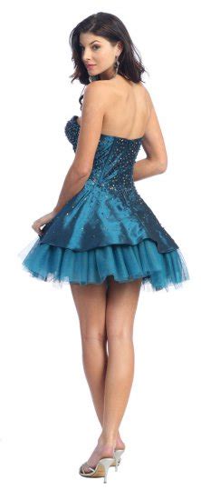 Teal Cocktail Dress Tulle Strapless Teal Short Dress Rhinestones 2141nx