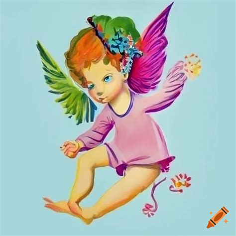 Illustration Of An Androgynous Peter Pan Cupid With Colored Long Hair