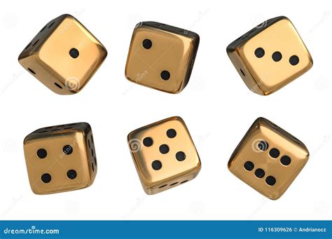 Set Of Golden Dice With Black Dots Isolated On White Background Stock