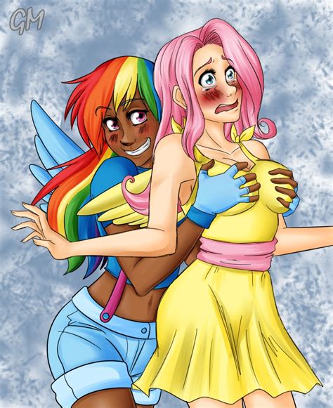 287051 Questionable Artistgabrielamacchi Fluttershy Rainbow Dash Human G4 Bad Touch