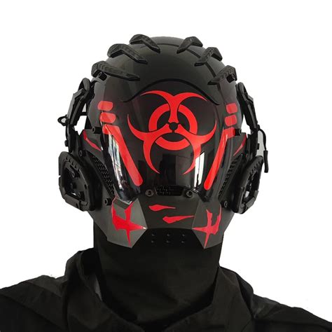 Masque De Cosplay Cyberpunk Porte Un Casque Rouge D Avertissement