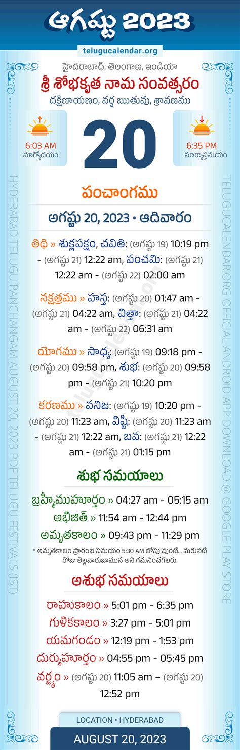 Telangana Panchangam August 20 2023 Telugu Calendar Daily