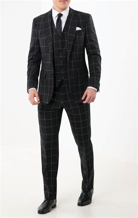 Dobell Black With White Windowpane Check Suit Dobell All Black Mens