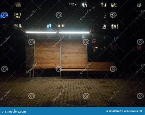 Bus Stop Night Lights Wooden Glass Walls Bench Windows Amateur Stock Photo - Image of walls ...