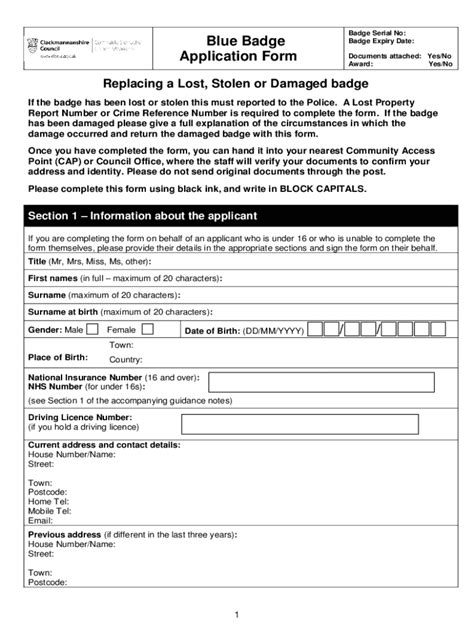 Fillable Online Blue Badge Application Form Lost Or Stolen Blue