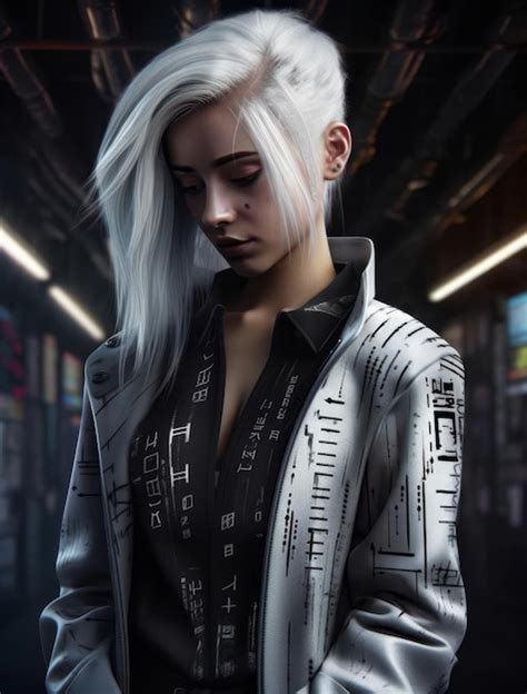 Premium Ai Image A Woman With A White Hair And A Black Shirt With The