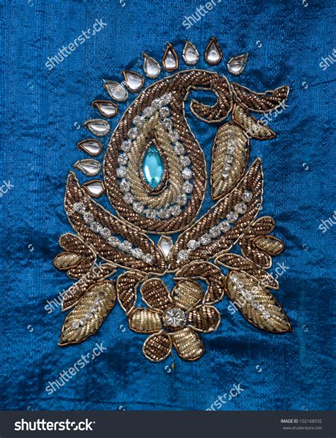 Traditional Indian Embroidery Detail On Blue Silk Stock Photo 102168592