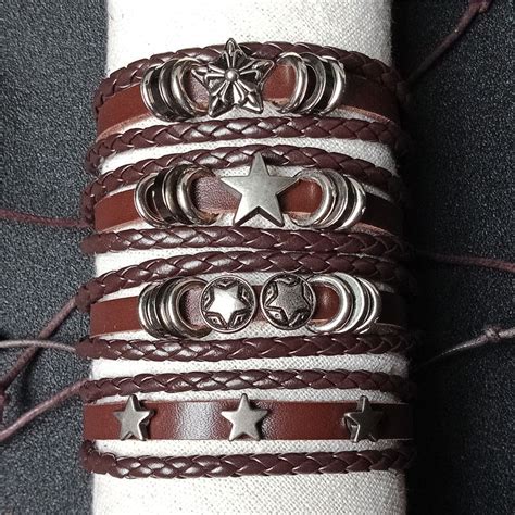 4PCs Set Brown Leather Bracelet Multilayer Punk Star Charm Wrap Hand